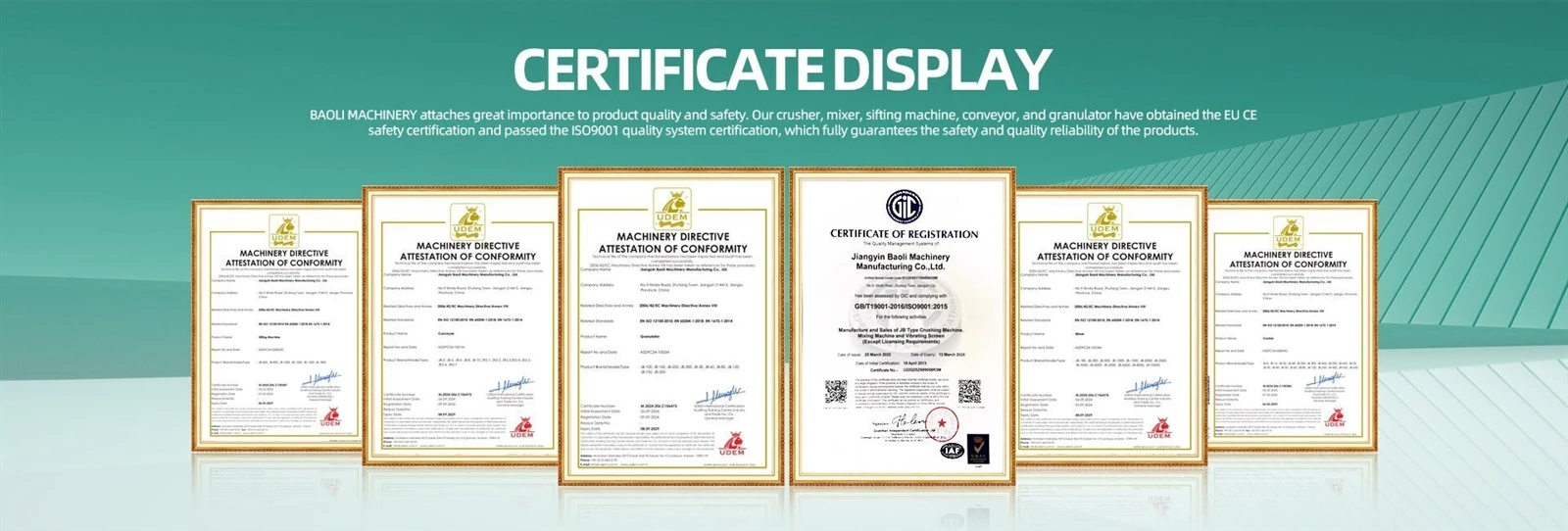 BAOLI Grinding & Mixing Machine Certificate Display